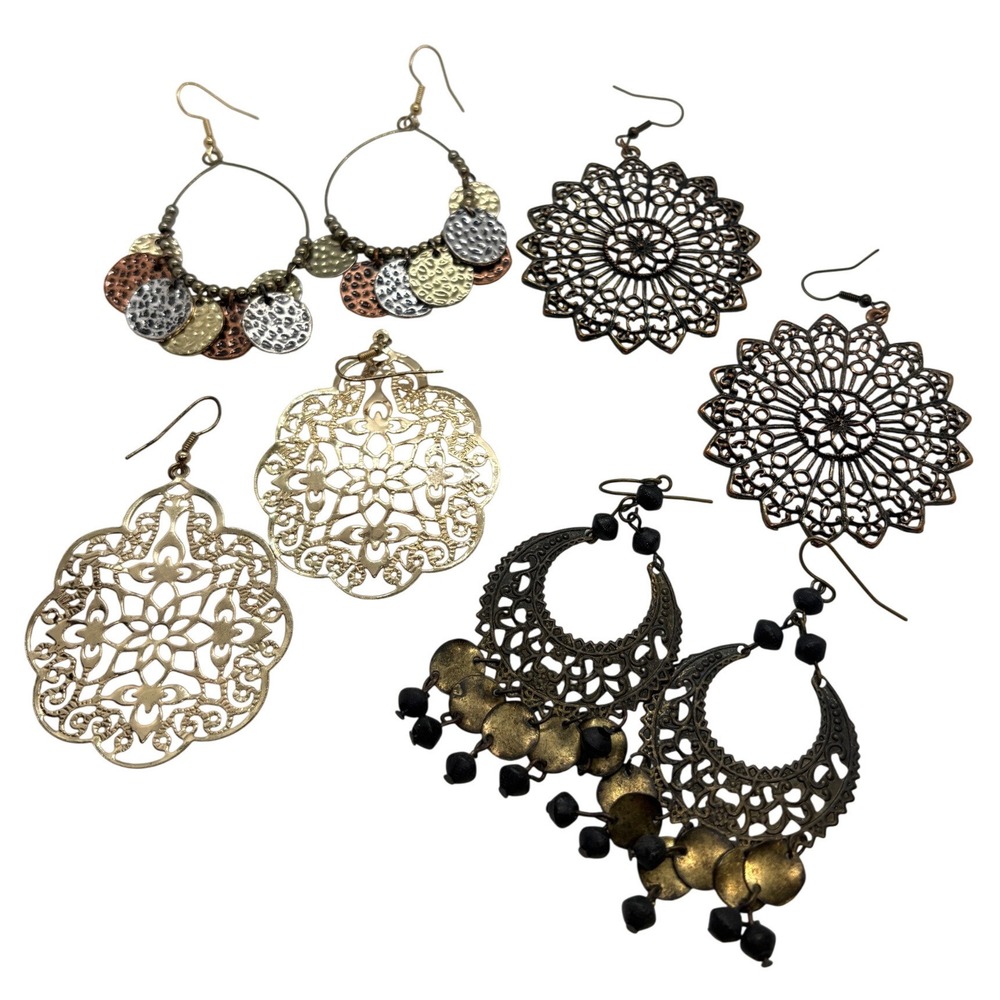 Boho Statement Earring Lot 4 Pairs Filigree‎ Mandala Crescent Mixed Metal Gold